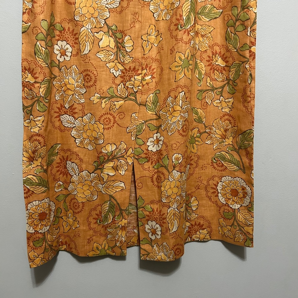 Petite Sophisticate 100% Linen Dress 8 Orange Yellow Sleeveless Floral Midi - Picture 6 of 10